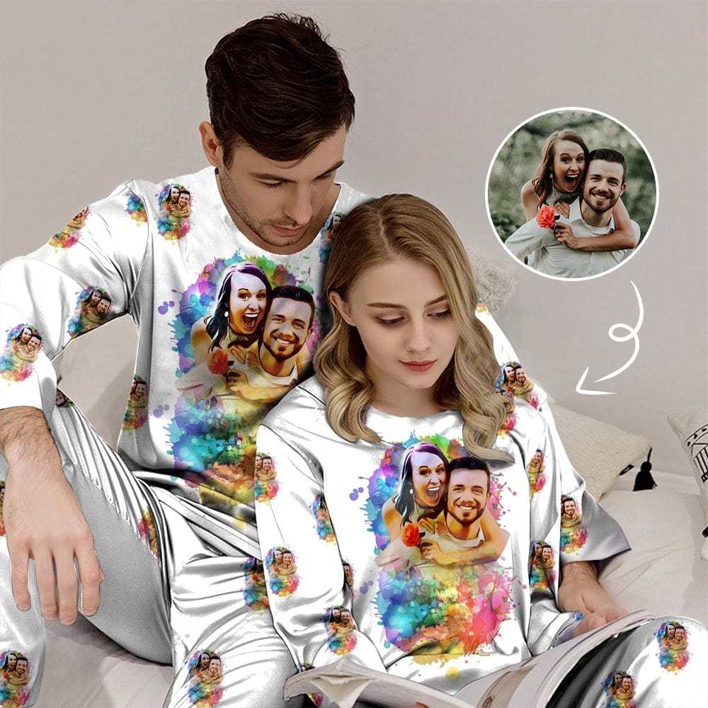 FacePajamas Pajama Custom Photo Watercolour Sleepwear Personalized Slumber Party Couple Matching Pajamas