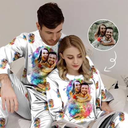 FacePajamas Pajama Custom Photo Watercolour Sleepwear Personalized Slumber Party Couple Matching Pajamas