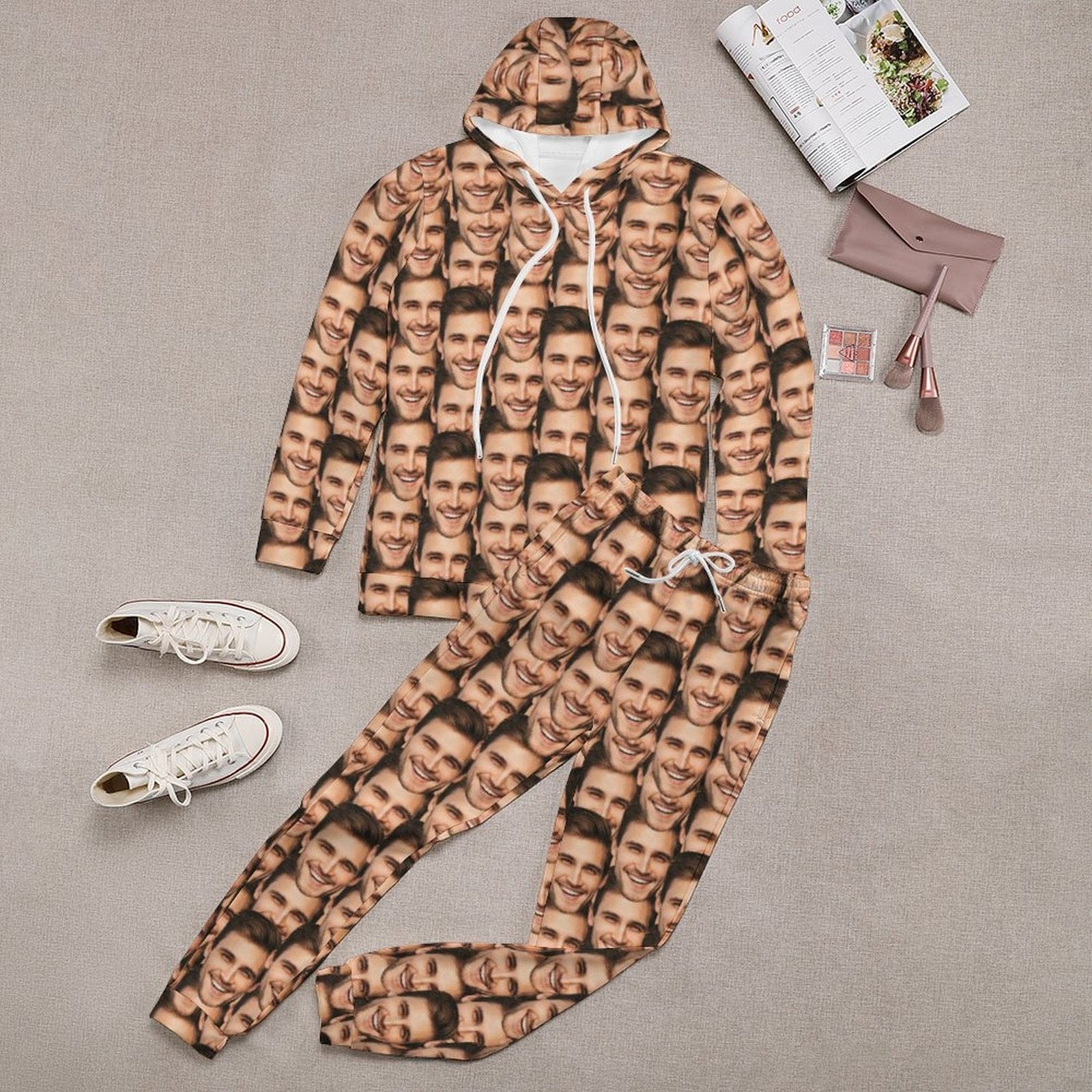 FacePajamas Hoodie Set-2WH-SDS Custom Seamless Face Couple Hoodie Sweatpant Set Personalized Unisex Loose Hoodie Top Outfits