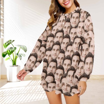 FacePajamas Sets Custom Seamless Face Long Sleeve Mid-Length Shorts Pajama Set