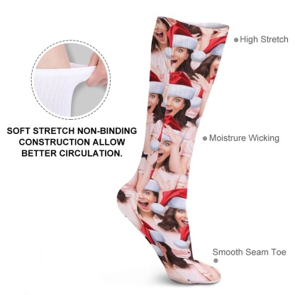 FacePajamas Sublimated Crew Socks-2WH-SDS Custom Seamless Face Red Hat Sublimated Crew Socks Personalized Funny Photo Socks Gift for Christmas