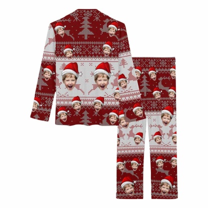 FacePajamas Pajama Custom Son Face Pajamas Red Christmas Hat Nightwear Personalized Women's Slumber Party Long Pajama Set
