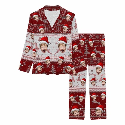 FacePajamas Pajama Custom Son Face Pajamas Red Christmas Hat Nightwear Personalized Women's Slumber Party Long Pajama Set