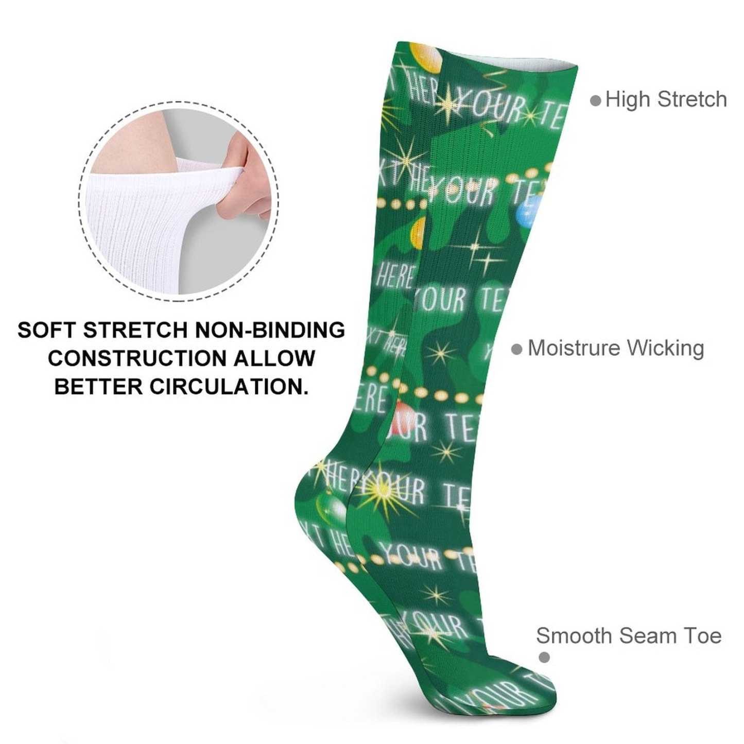 FacePajamas Sublimated Crew Socks-2WH-SDS Custom Text Green Background Sublimated Crew Socks Personalized Socks Gift for Christmas