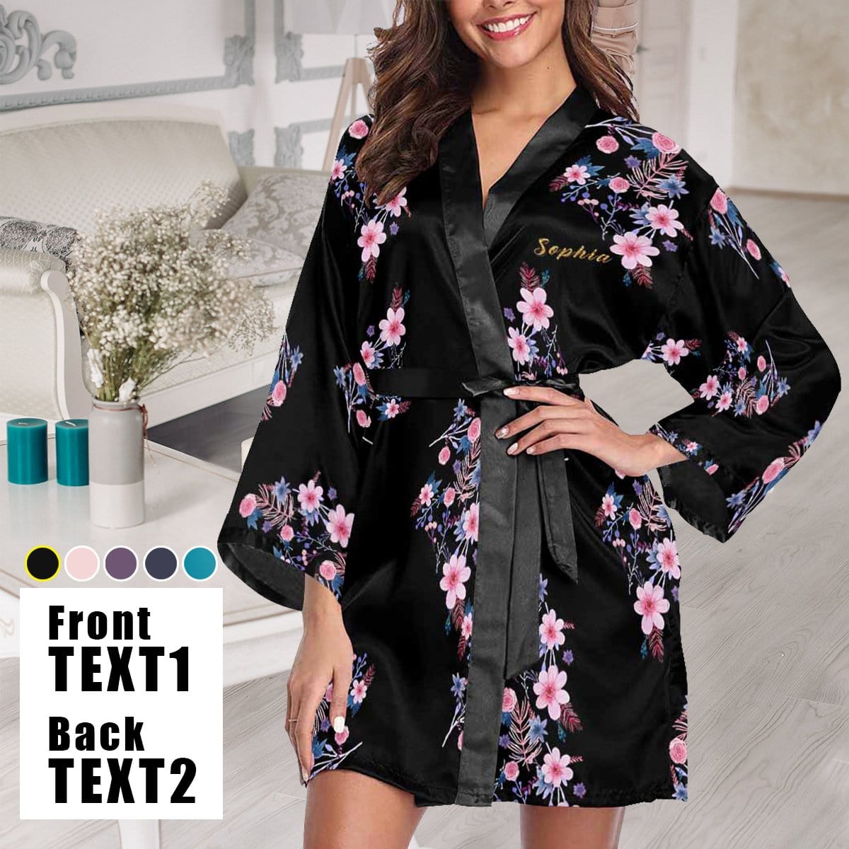 FacePajamas Pajama Custom Text Small Flowers Beauty Women's Summer Short Sleepwear Personalized Pajamas Kimono Robe
