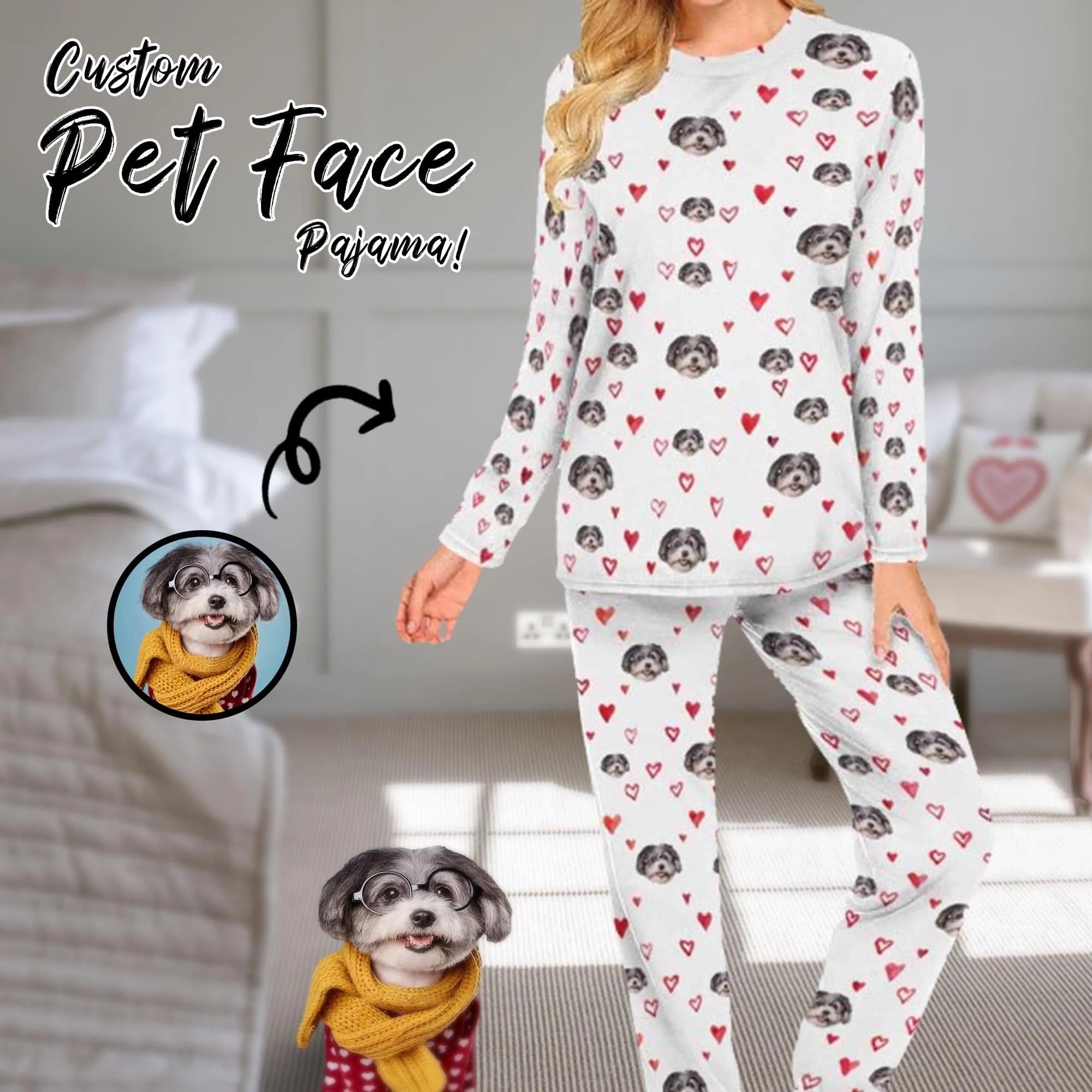 FacePajamas Pet Pajama Custom Women's Red Heart Long Crew Neck Pajama Set Valentine's Day with My Special Sweetheart
