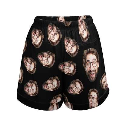 FacePajamas Womens Short Set-SDS Custom Women's Short Sleeved Navel Exposed Sleepwear Black Personalized Seamless Face Sleepwear Shorts