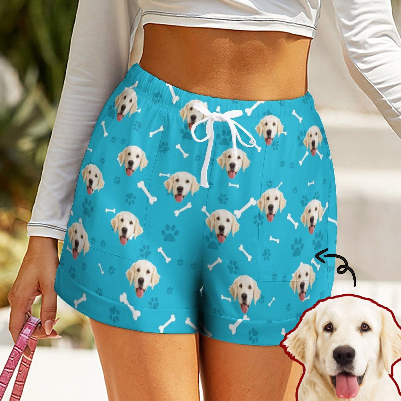 FacePajamas Womens Short Crew Neck-SDS Custom Women's Short Sleeved Navel Exposed Sleepwear Dog Smiley Face Personalized Seamless Face Sleepwear Shorts