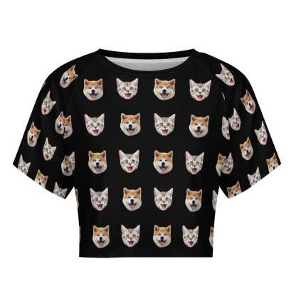 FacePajamas Womens Short Set-SDS Custom Women's Short Sleeved Navel Exposed Sleepwear Pet Face Cat Dog Personalized Seamless Face Sleepwear Shorts