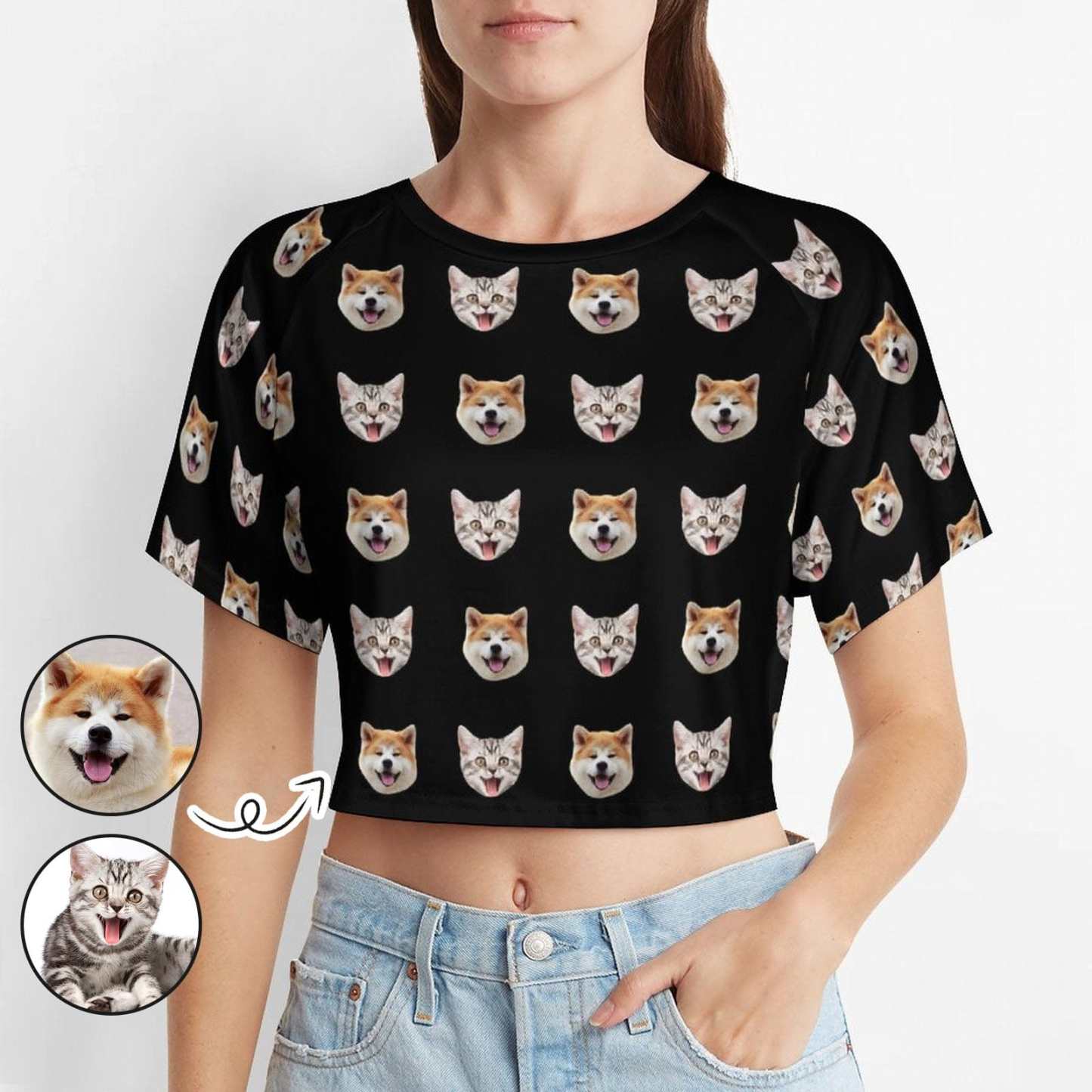 FacePajamas Womens Short Set-SDS Custom Women's Short Sleeved Navel Exposed Sleepwear Pet Face Cat Dog Personalized Seamless Face Sleepwear Shorts