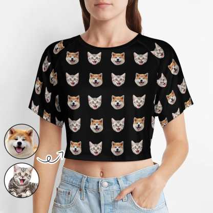 FacePajamas Womens Short Set-SDS Custom Women's Short Sleeved Navel Exposed Sleepwear Pet Face Cat Dog Personalized Seamless Face Sleepwear Shorts