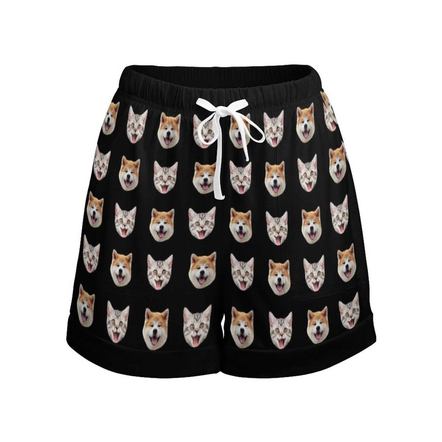 FacePajamas Womens Short Set-SDS Custom Women's Short Sleeved Navel Exposed Sleepwear Pet Face Cat Dog Personalized Seamless Face Sleepwear Shorts