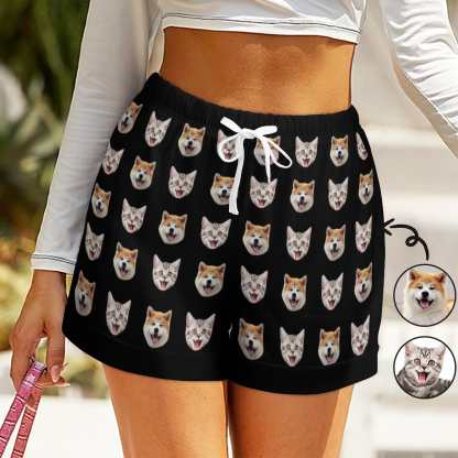 FacePajamas Womens Short Set-SDS Custom Women's Short Sleeved Navel Exposed Sleepwear Pet Face Cat Dog Personalized Seamless Face Sleepwear Shorts
