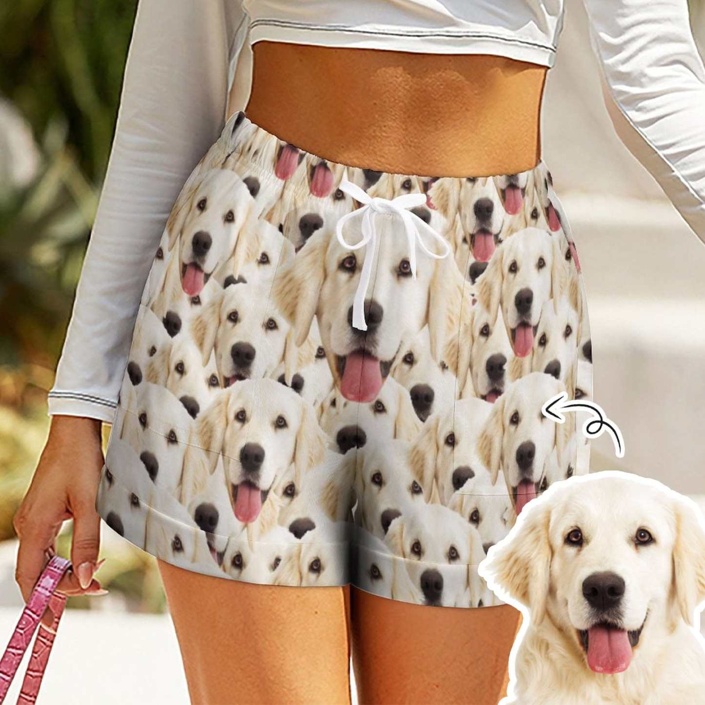 FacePajamas Womens Short Set-SDS Custom Women's Short Sleeved Navel Exposed Sleepwear Pet Face My Lovely Dog Personalized Seamless Face Sleepwear Shorts