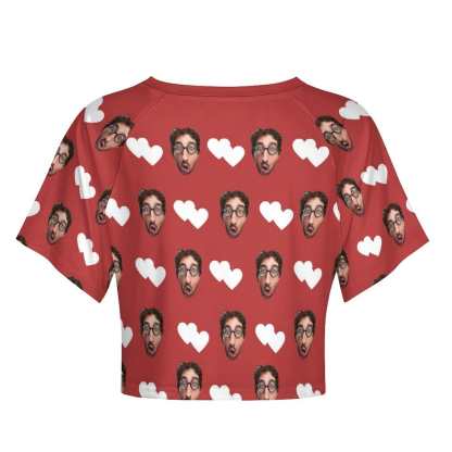 FacePajamas Womens Short Set-SDS Custom Women's Short Sleeved Navel Exposed Sleepwear Red Hearts Personalized Seamless Face Sleepwear Shorts
