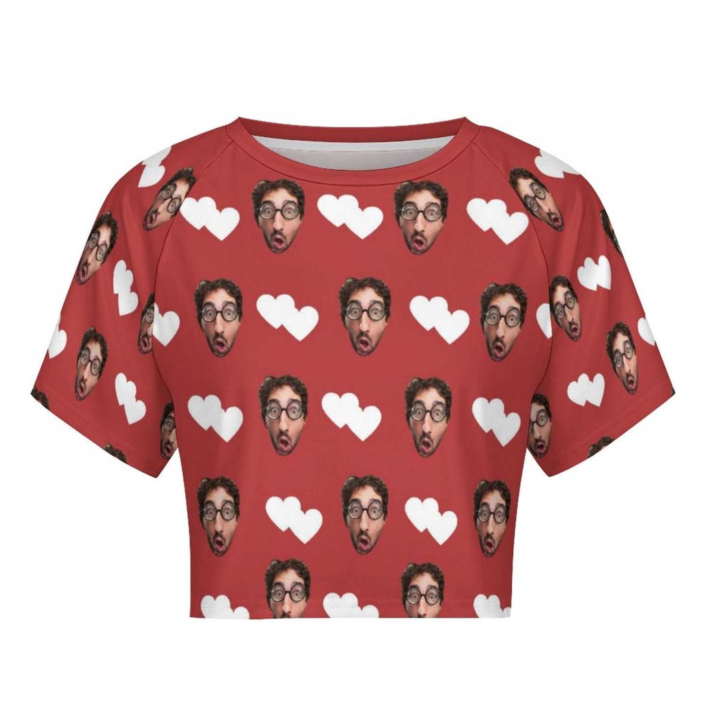 FacePajamas Womens Short Set-SDS Custom Women's Short Sleeved Navel Exposed Sleepwear Red Hearts Personalized Seamless Face Sleepwear Shorts
