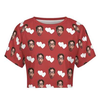 FacePajamas Womens Short Set-SDS Custom Women's Short Sleeved Navel Exposed Sleepwear Red Hearts Personalized Seamless Face Sleepwear Shorts