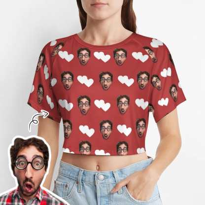 FacePajamas Womens Short Set-SDS Custom Women's Short Sleeved Navel Exposed Sleepwear Red Hearts Personalized Seamless Face Sleepwear Shorts