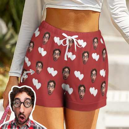 FacePajamas Womens Short Set-SDS Custom Women's Short Sleeved Navel Exposed Sleepwear Red Hearts Personalized Seamless Face Sleepwear Shorts