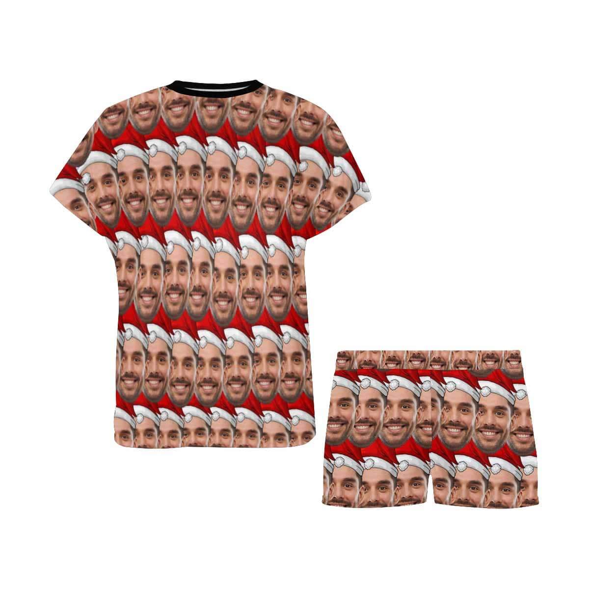 FacePajamas Pajama Custom Womens Christmas Pajamas Personalized Face Seamless Christmas Hat Women's Short Pajama Set