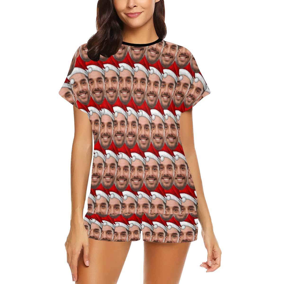 FacePajamas Pajama Custom Womens Christmas Pajamas Personalized Face Seamless Christmas Hat Women's Short Pajama Set