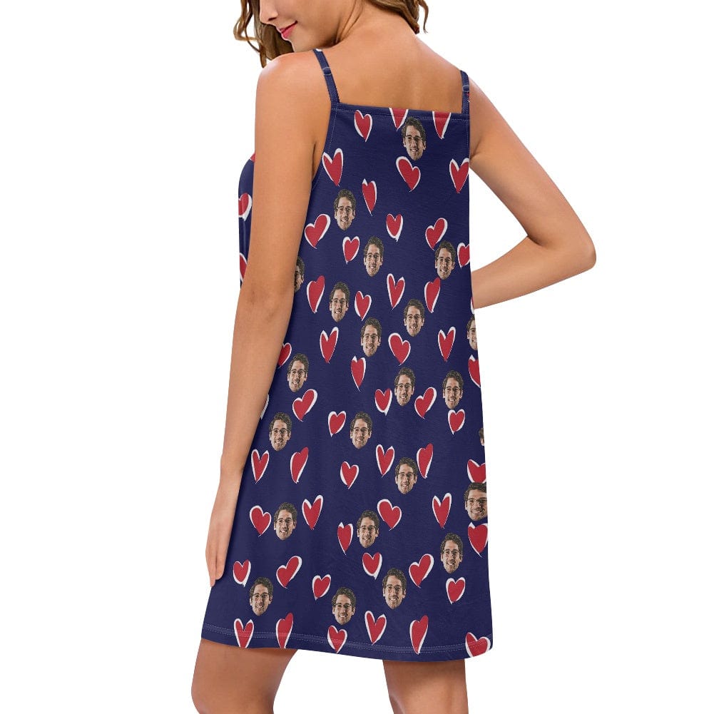 FacePajamas Pajama-2ML-ZD Custom Your Husband's Face Women Bule Suspender Nightdress Sleeveless Nightgown Soft Sleep Dress