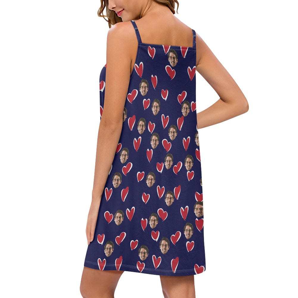 FacePajamas Pajama-2ML-ZD Custom Your Husband's Face Women Bule Suspender Nightdress Sleeveless Nightgown Soft Sleep Dress