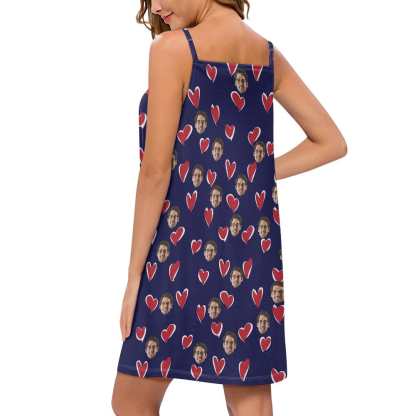 FacePajamas Pajama-2ML-ZD Custom Your Husband's Face Women Bule Suspender Nightdress Sleeveless Nightgown Soft Sleep Dress