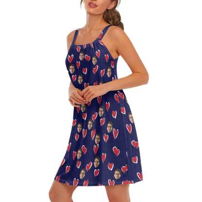 FacePajamas Pajama-2ML-ZD Custom Your Husband's Face Women Bule Suspender Nightdress Sleeveless Nightgown Soft Sleep Dress