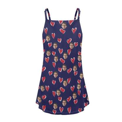 FacePajamas Pajama-2ML-ZD Custom Your Husband's Face Women Bule Suspender Nightdress Sleeveless Nightgown Soft Sleep Dress