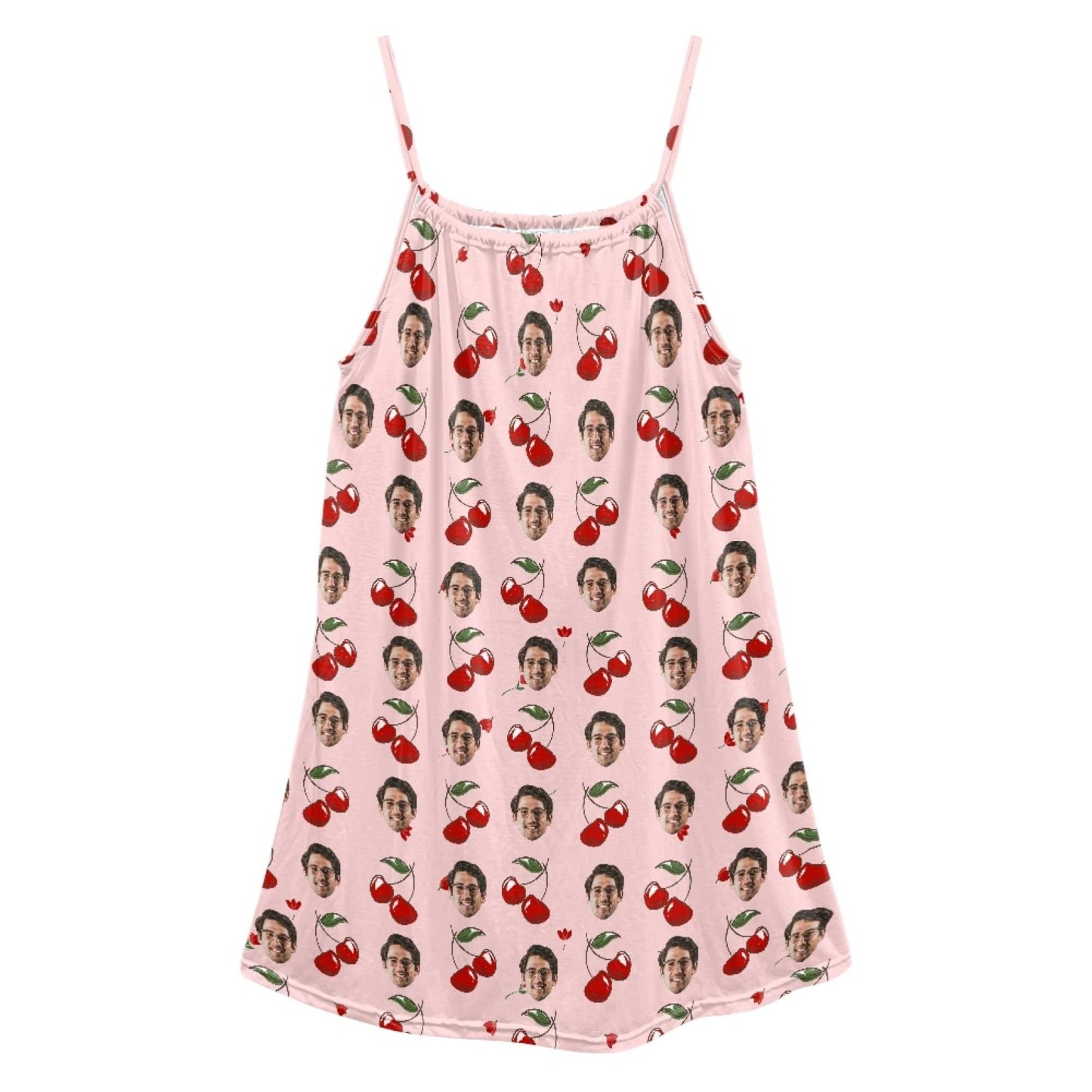 FacePajamas Pajama-2ML-ZD Custom Your Husband's Face Women Cute Cherry Suspender Nightdress Sleeveless Nightgown Soft Sleep Dress