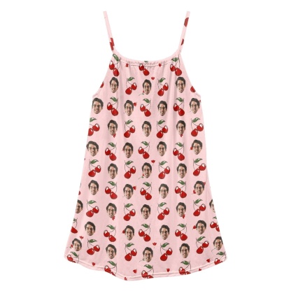 FacePajamas Pajama-2ML-ZD Custom Your Husband's Face Women Cute Cherry Suspender Nightdress Sleeveless Nightgown Soft Sleep Dress