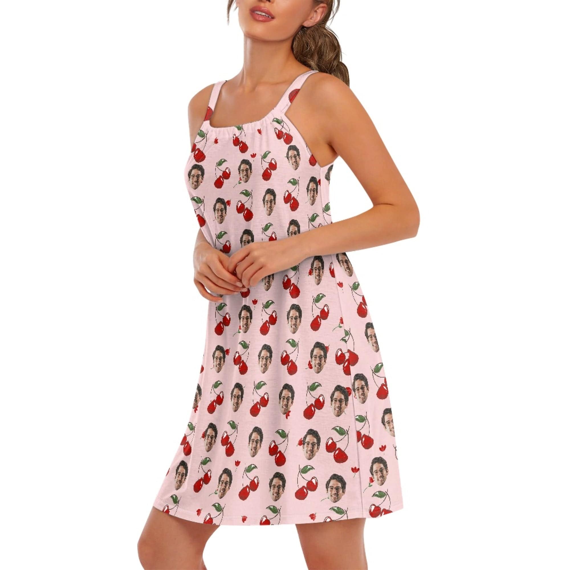 FacePajamas Pajama-2ML-ZD Custom Your Husband's Face Women Cute Cherry Suspender Nightdress Sleeveless Nightgown Soft Sleep Dress