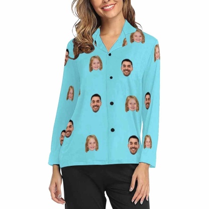 FacePajamas Pajama Cyan Shirt / XS Custom My Family Face Nightwear Personalized Women's Slumber Party Long Pajama Shirt&Pants