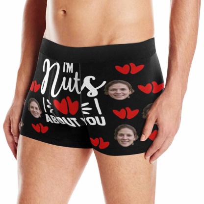 FacePajamas Underwear Face / Black / XS Custom Face Boxer Briefs I'm Nuts About You Personalized Photo Undies Face Boxer Underwear Valentine's Day for Him