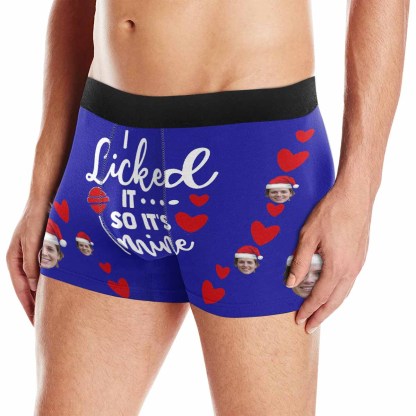 FacePajamas Underwear Face with Santa Hat / Blue / XS [Made In USA] Custom Men's Boxer Briefs with Girlfriend Face I Licked It Red Love Personalized Boxers Underwear For Valentine's Day Gift