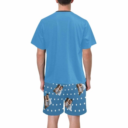 FacePajamas Pajama #Father's Day Pajamas-Custom Dad Photo Blue Men's Crew Neck Short Sleeve Pajama Set