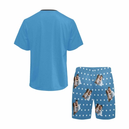 FacePajamas Pajama #Father's Day Pajamas-Custom Dad Photo Blue Men's Crew Neck Short Sleeve Pajama Set