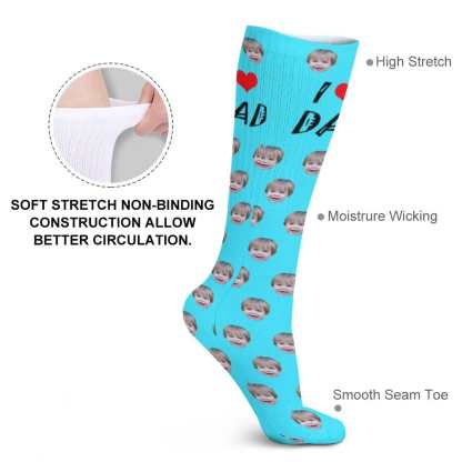FacePajamas Sublimated Crew Socks-2WH-SDS Fathers Day Socks With Custom Face I Love Dad Blue Background Personalized Sublimated Crew Socks Gift For Australian Father's Day
