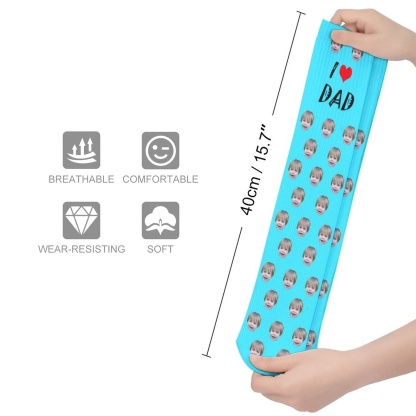 FacePajamas Sublimated Crew Socks-2WH-SDS Fathers Day Socks With Custom Face I Love Dad Blue Background Personalized Sublimated Crew Socks Gift For Australian Father's Day