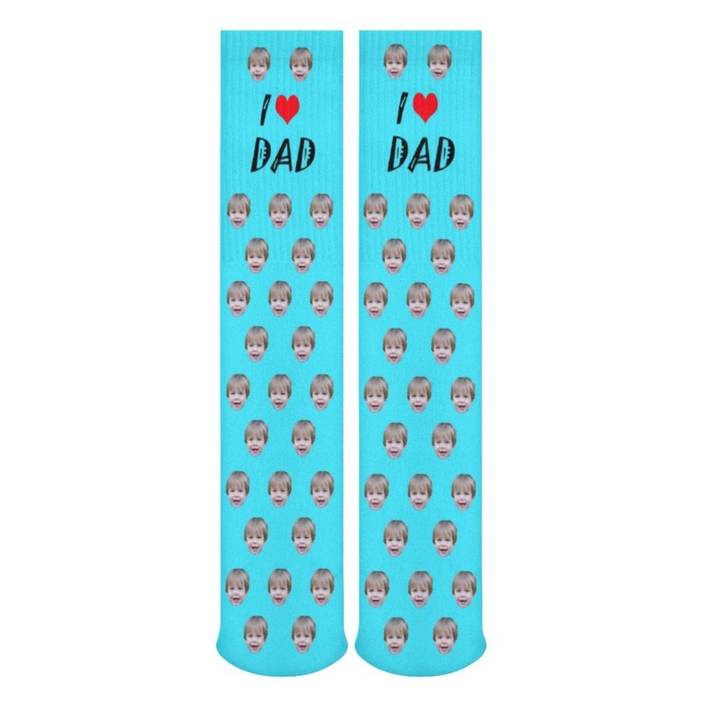 FacePajamas Sublimated Crew Socks-2WH-SDS Fathers Day Socks With Custom Face I Love Dad Blue Background Personalized Sublimated Crew Socks Gift For Australian Father's Day