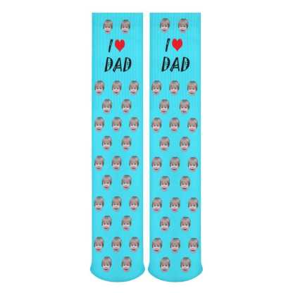 FacePajamas Sublimated Crew Socks-2WH-SDS Fathers Day Socks With Custom Face I Love Dad Blue Background Personalized Sublimated Crew Socks Gift For Australian Father's Day