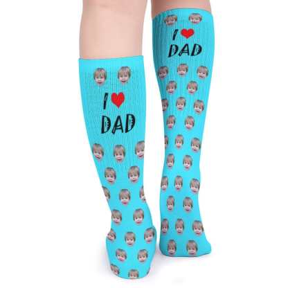 FacePajamas Sublimated Crew Socks-2WH-SDS Fathers Day Socks With Custom Face I Love Dad Blue Background Personalized Sublimated Crew Socks Gift For Australian Father's Day