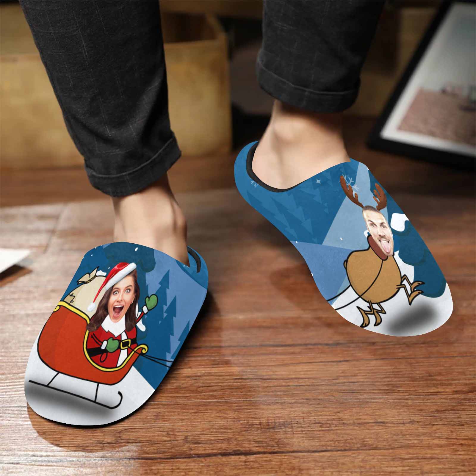 FacePajamas Slippers For Men / S Couple Gift Blue Custom Face Christmas Sleigh All Over Print Personalized Non-Slip Cotton Slippers For Girlfriend Boyfriend