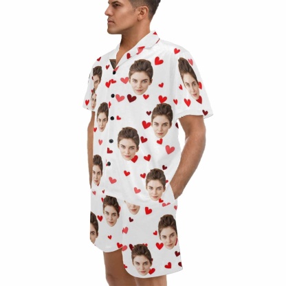 FacePajamas Pajama For Men / S [Couple Pajamas] Custom Face Pajamas Red Love Summer Loungewear Personalized Couple Matching V-Neck Short Pajama Set