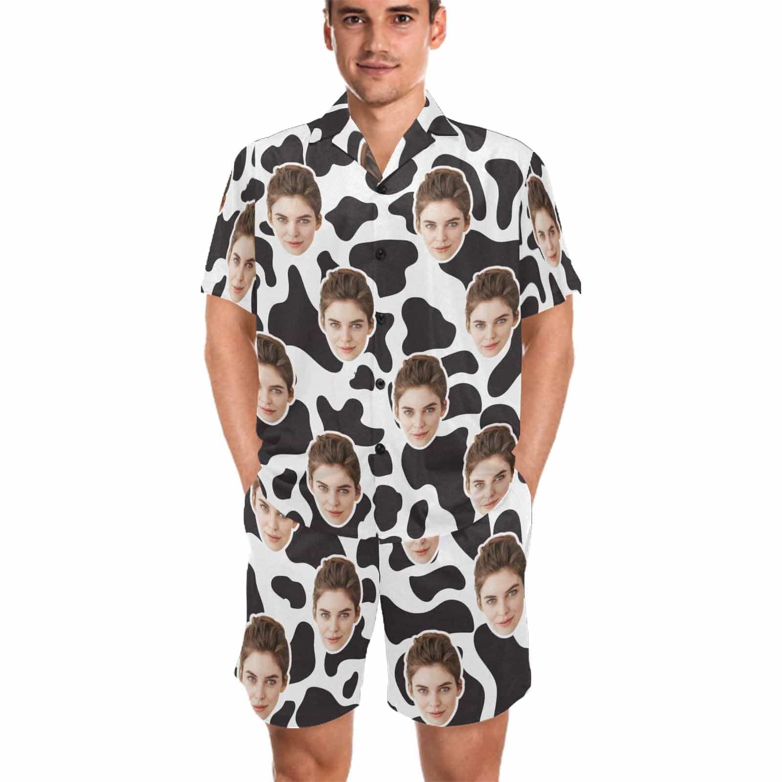 FacePajamas Pajama For Men / S Custom Couples Pajamas Personalized Face Black White Couple Matching V-Neck Short Pajama Set