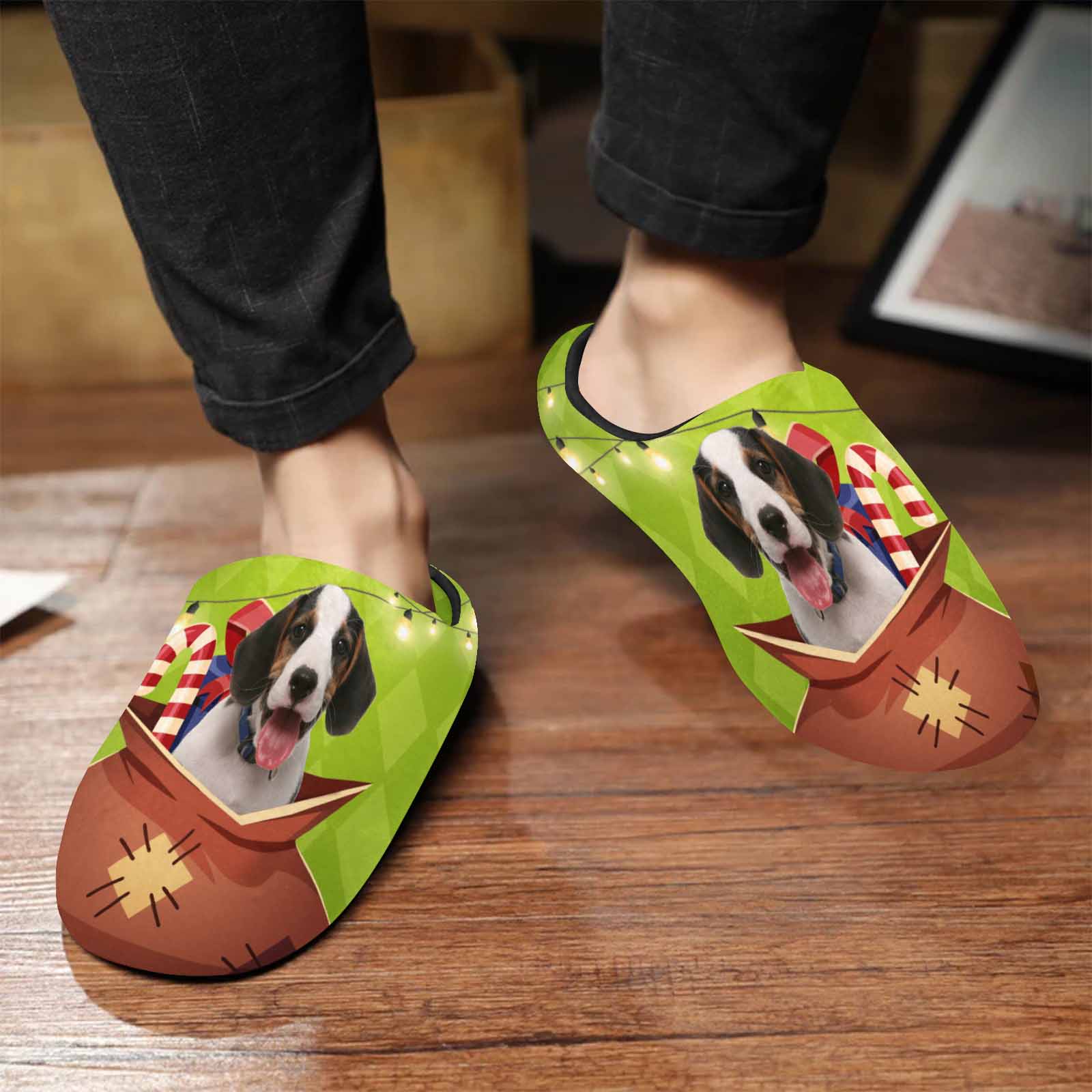 FacePajamas Slippers For Men / S Green Christmas Custom Dog's Photo All Over Print Personalized Non-Slip Cotton Slippers