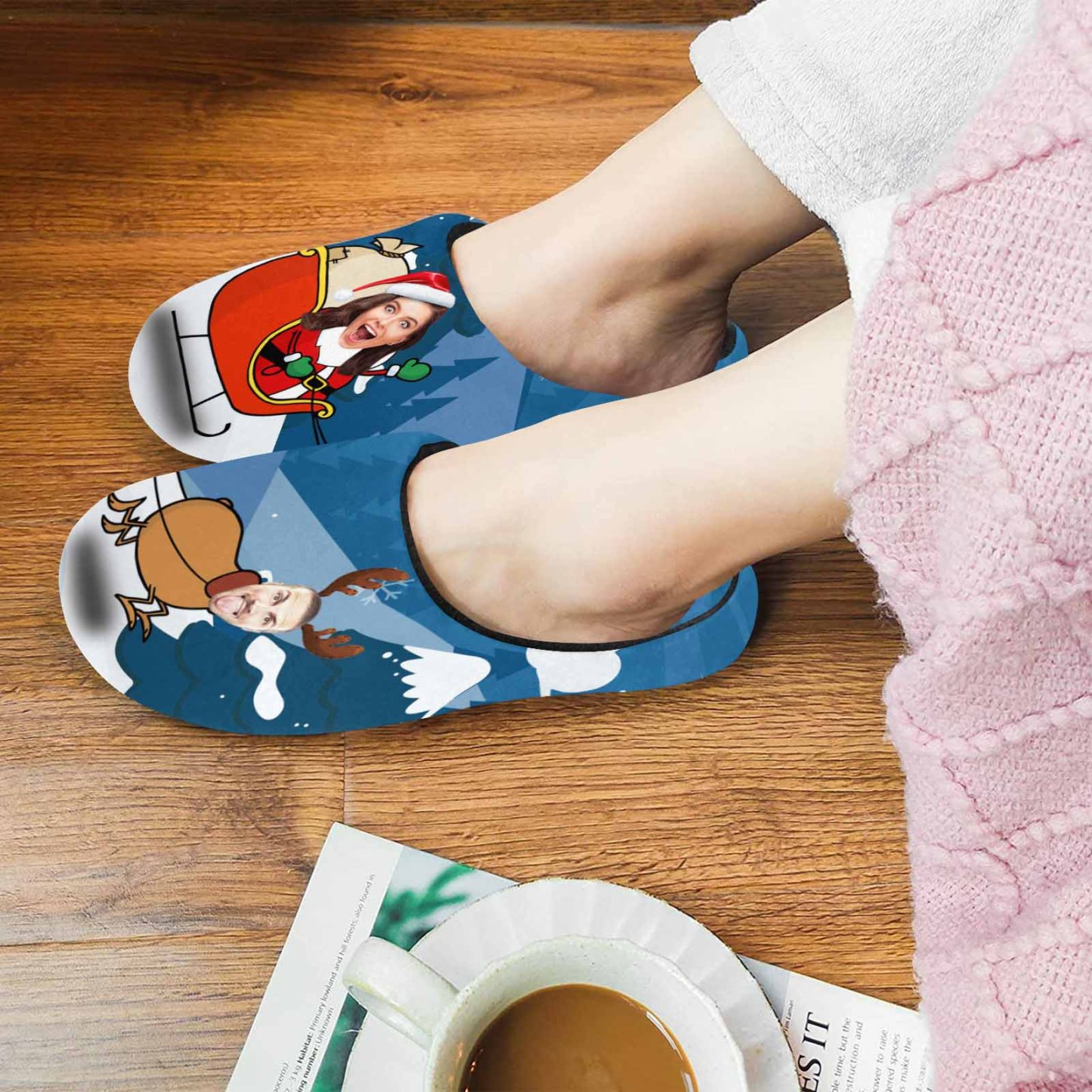FacePajamas Slippers For Women / S Couple Gift Blue Custom Face Christmas Sleigh All Over Print Personalized Non-Slip Cotton Slippers For Girlfriend Boyfriend