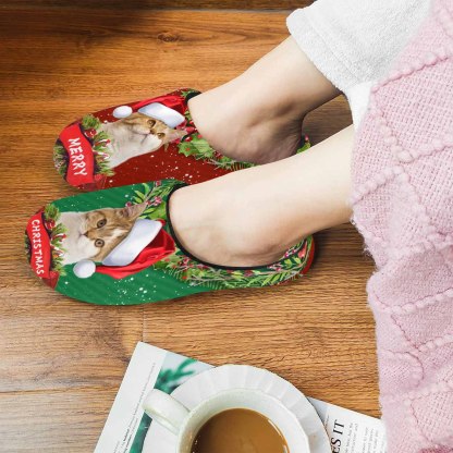 FacePajamas Slippers For Women / S Couple Gift Red Green Custom Pet Cat Photo All Over Print Personalized Non-Slip Cotton Slippers For Girlfriend Boyfriend