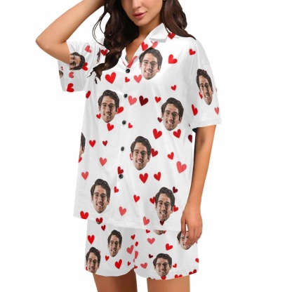 FacePajamas Pajama For Women / S [Couple Pajamas] Custom Face Pajamas Red Love Summer Loungewear Personalized Couple Matching V-Neck Short Pajama Set